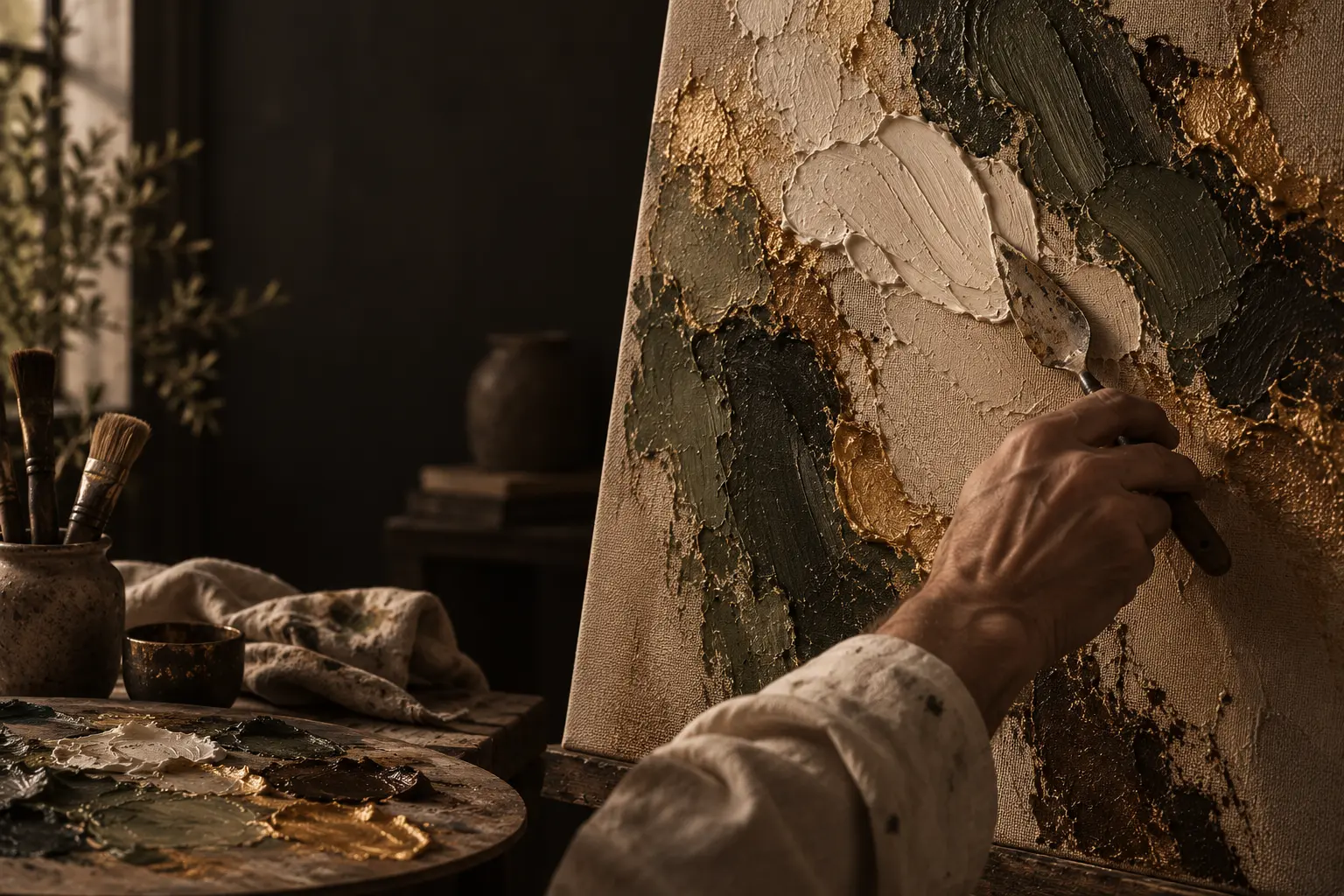 An artist building layered oil-paint texture by hand