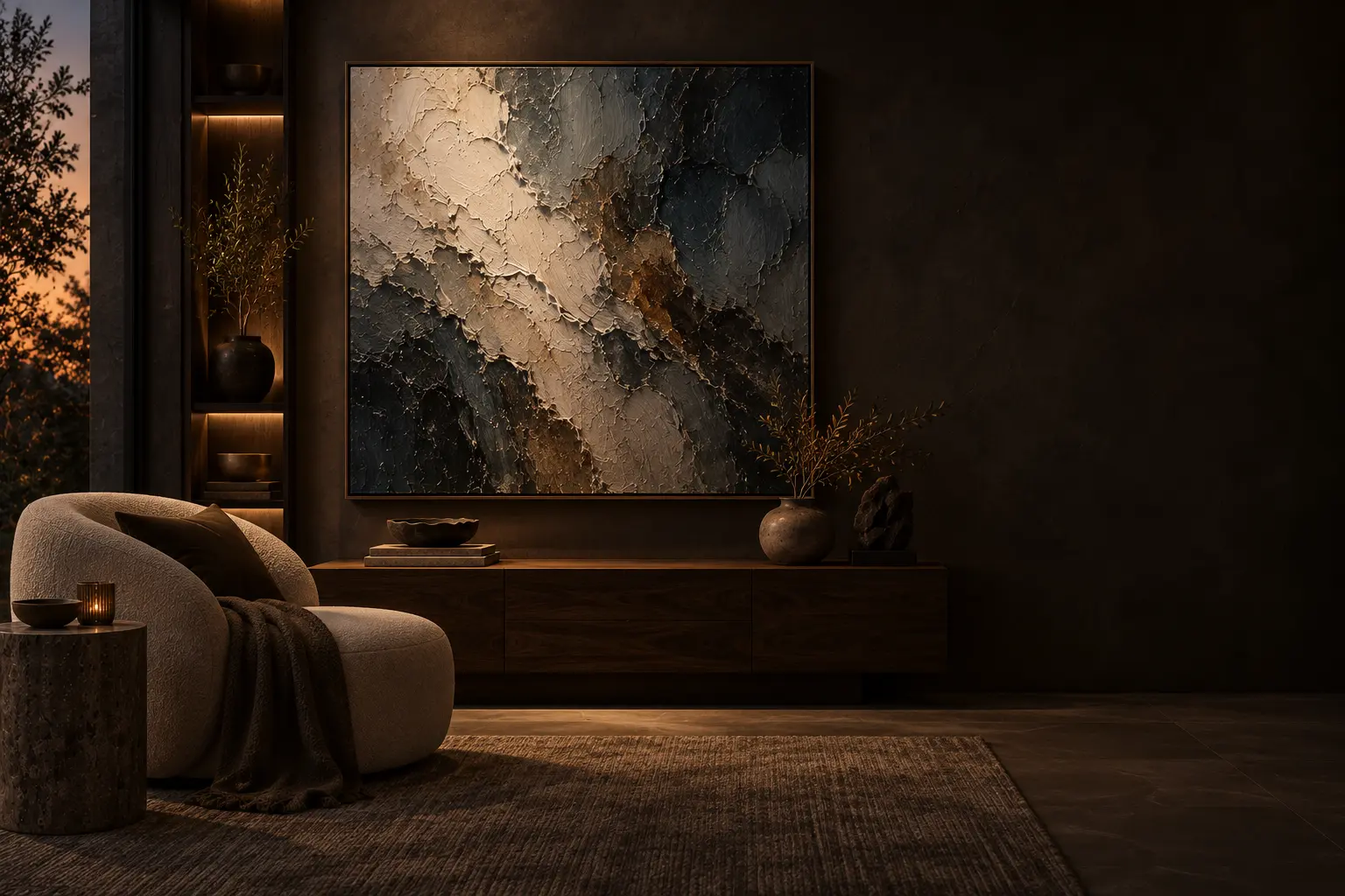 A textured oil painting in a dark refined interior