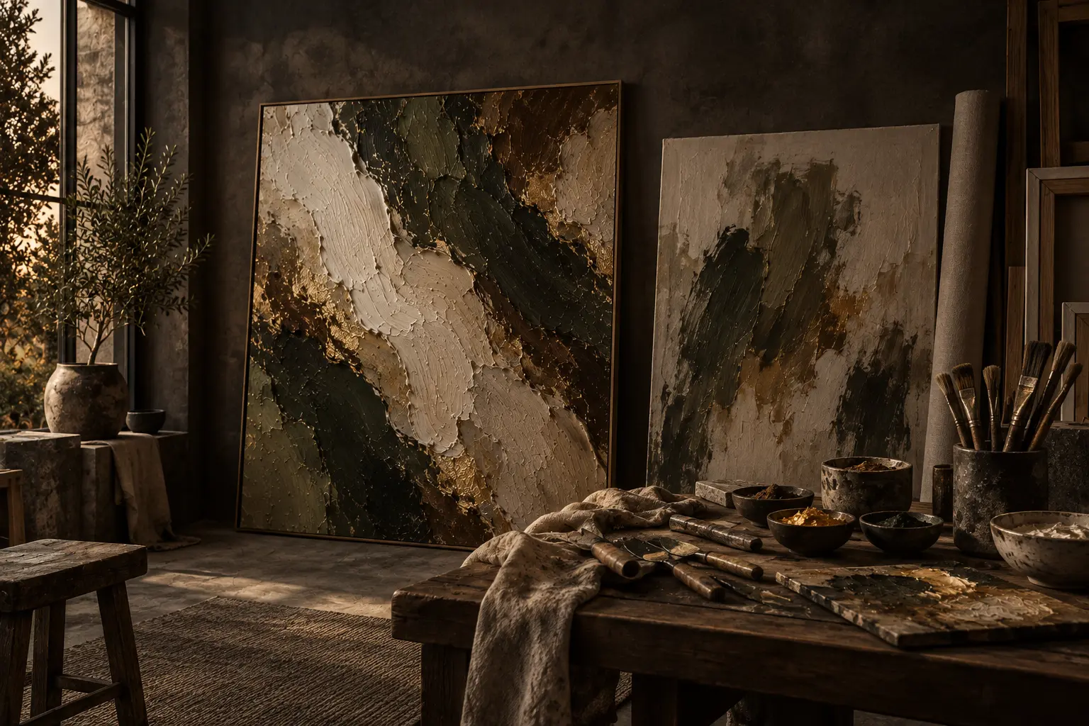 Canvelor studio with oil paintings, pigments and artist tools