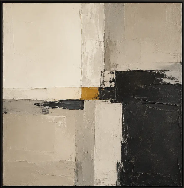 Quiet Axis – Black and Beige Geometric Abstract Oil Painting