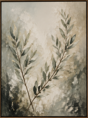 Olive Whispers – Sage Green and Beige Textured Botanical Oil Painting