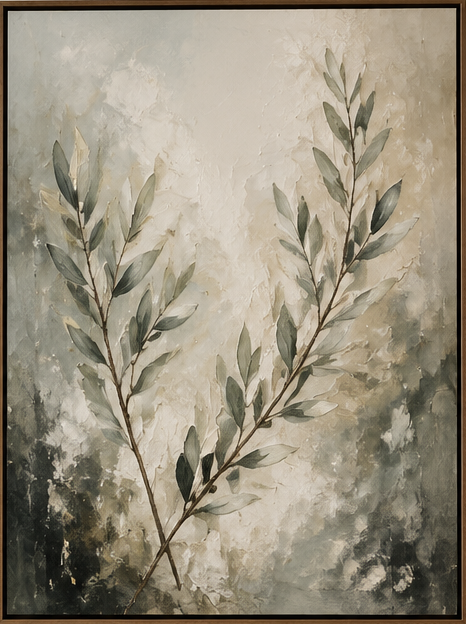 Olive Whispers – Sage Green and Beige Textured Botanical Oil Painting